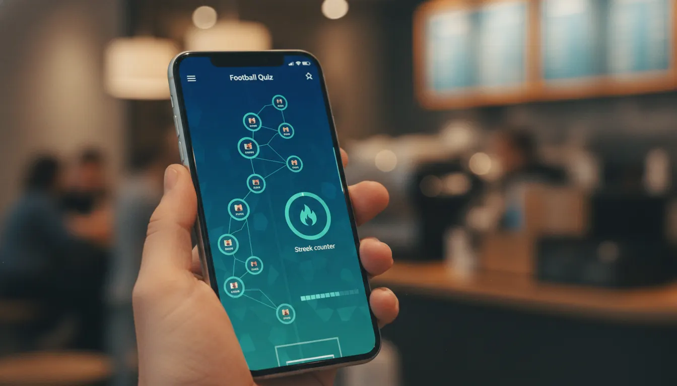 Football quiz app interface with ranking ladder and streak counter on a smartphone