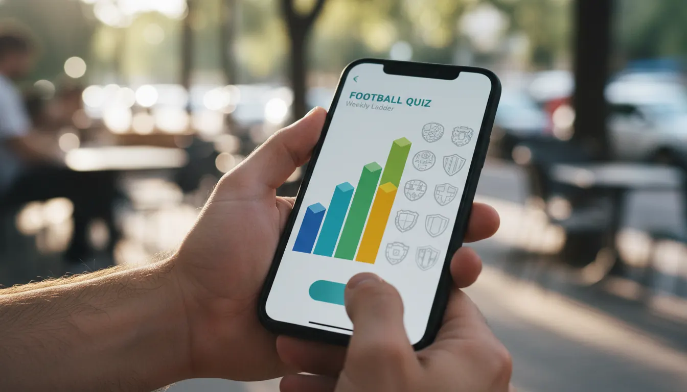 Smartphone showing a football quiz app with a weekly ranking ladder and badge collection
