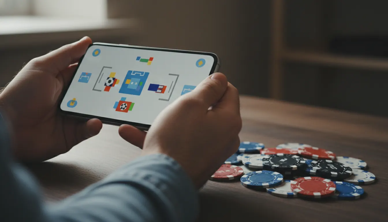 Hands holding a phone with a football guessing game next to casino chips on a table