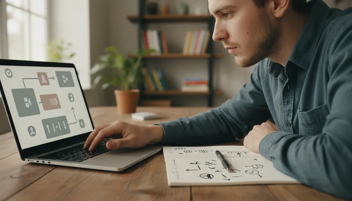 Beginner player studying a football guessing game tutorial on a laptop with a notebook open beside it