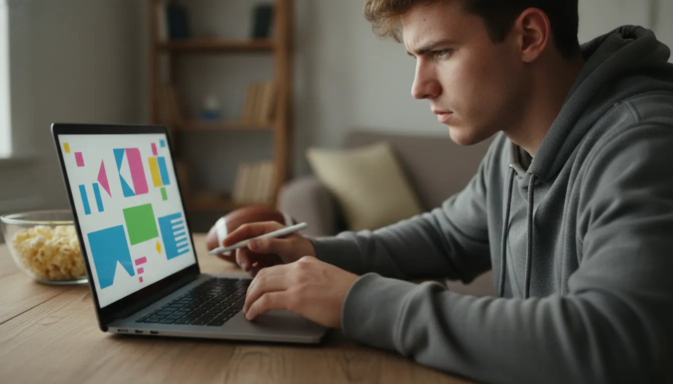 Beginner player studying a football guessing game tutorial on a laptop