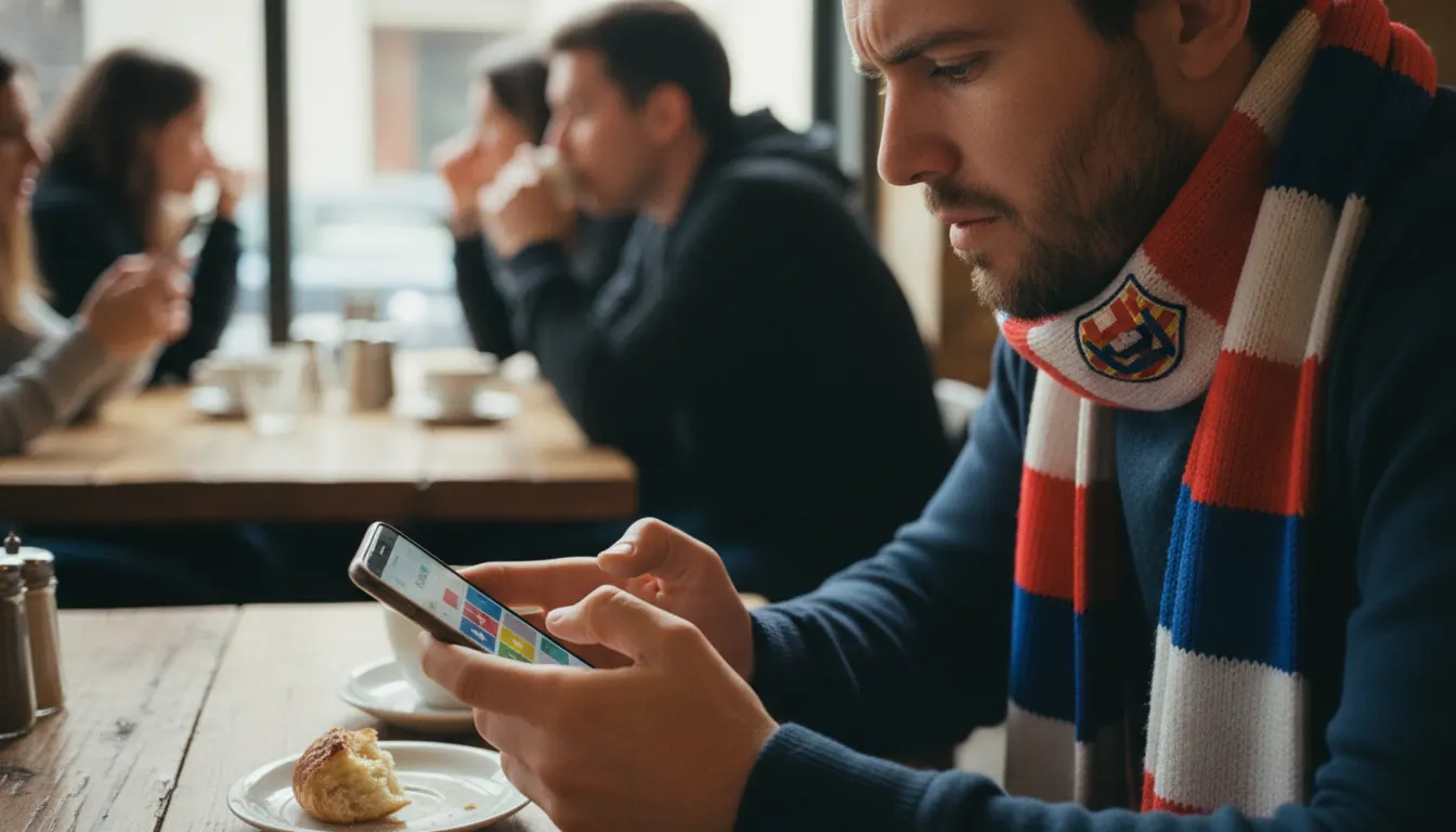 Football fan in a club scarf checking a daily quiz on a phone in a cafe