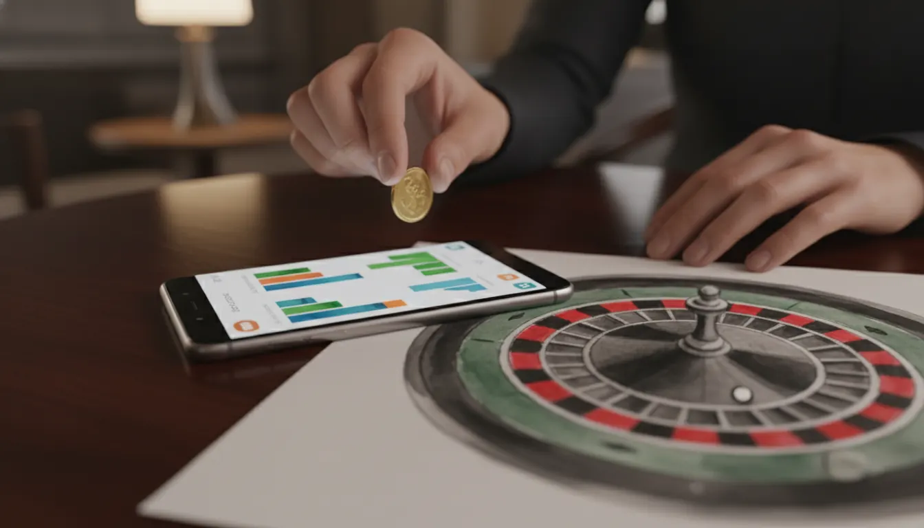 Football prediction app on a phone next to a roulette wheel illustration