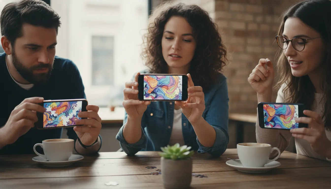 Three friends at a wooden table comparing puzzle results on their phones
