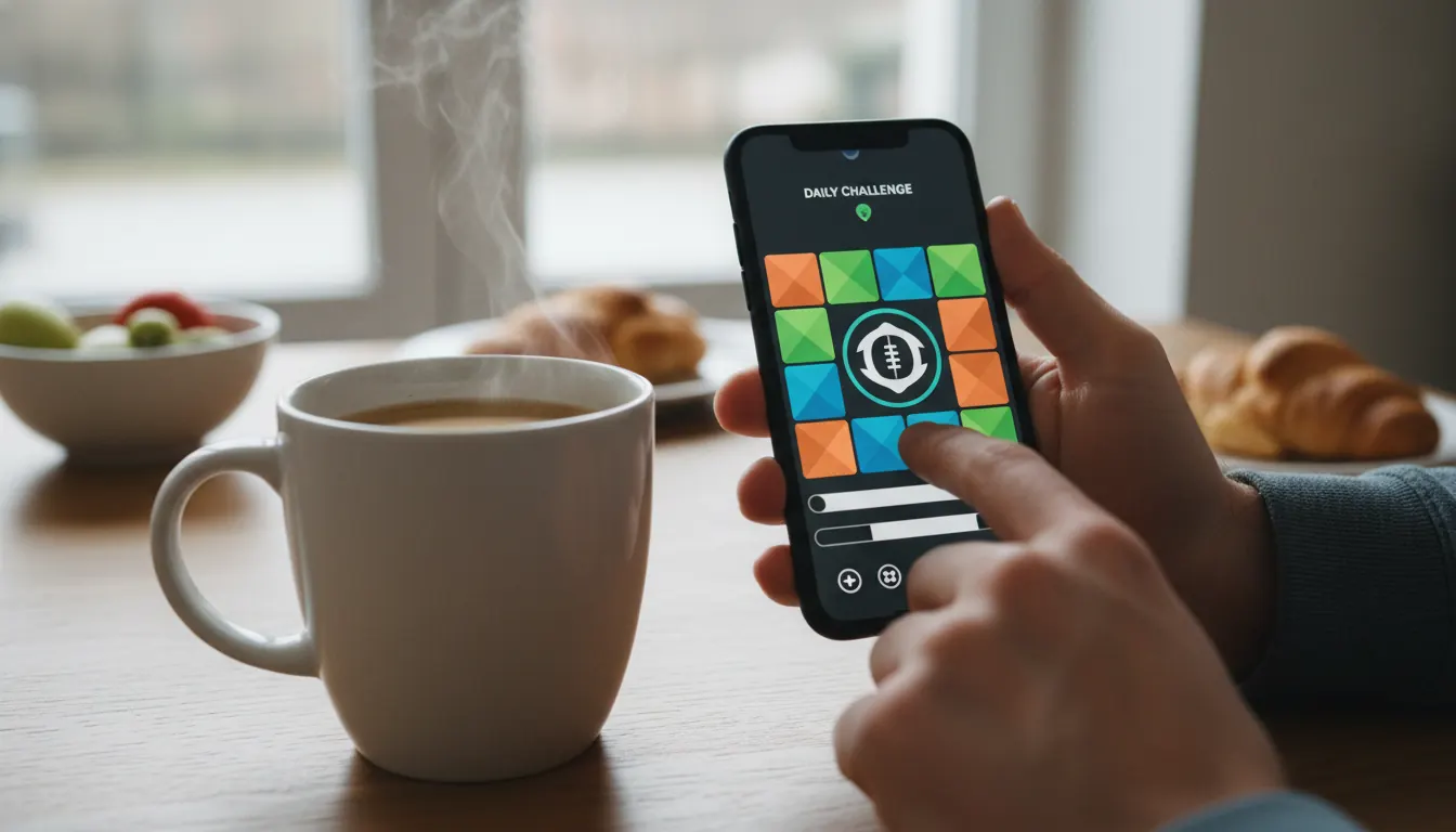 Coffee mug next to a phone showing the Futboldle daily football challenge