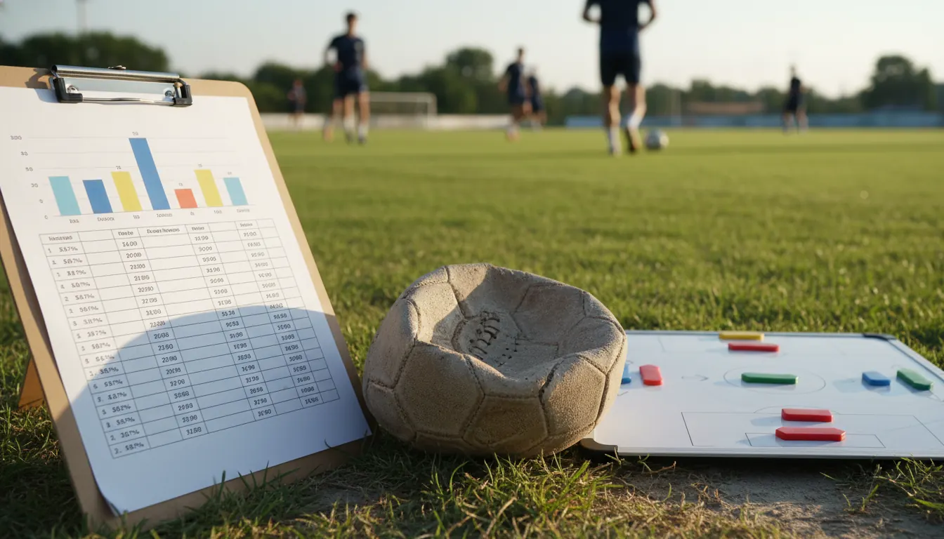 League table printed on a clipboard next to a football and a tactics board