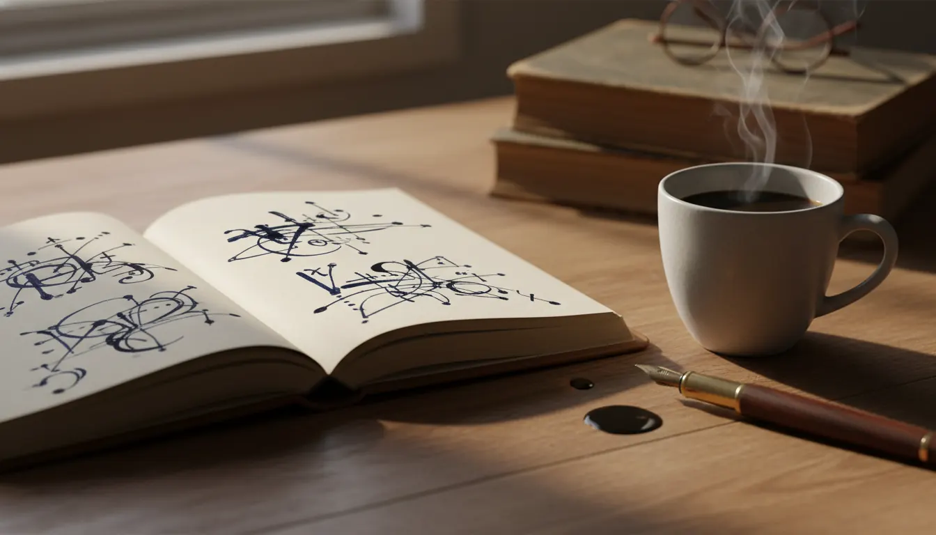 Open notebook with handwritten deduction notes next to a coffee cup and pen