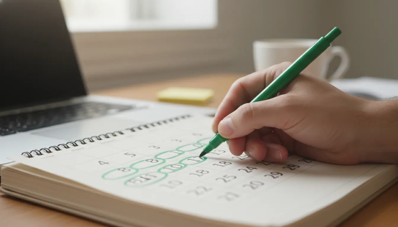 Desk calendar with consecutive days marked in green pen showing a daily streak