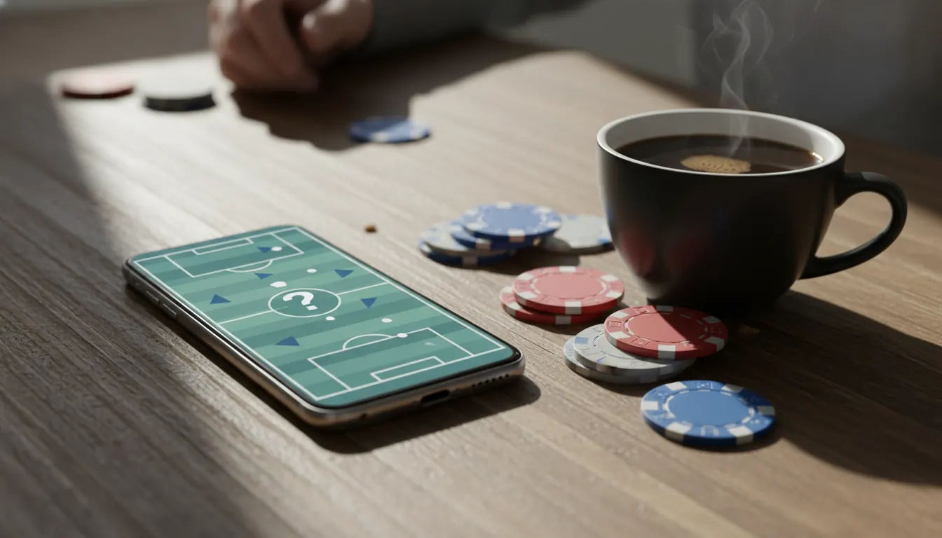 Phone showing a football guessing puzzle next to casino chips and a coffee cup on a wooden table